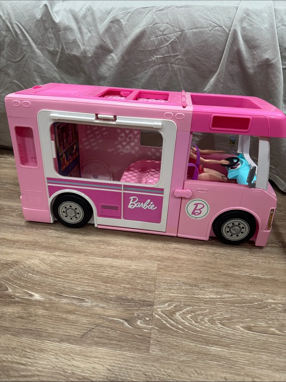 Barbie Pink Play Camper Van with Teal Tray and Plaid Mat